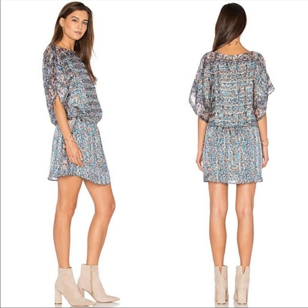 Joie Sofinne Kimono Dress Silk Floral Blue Metallic Mini Size S
